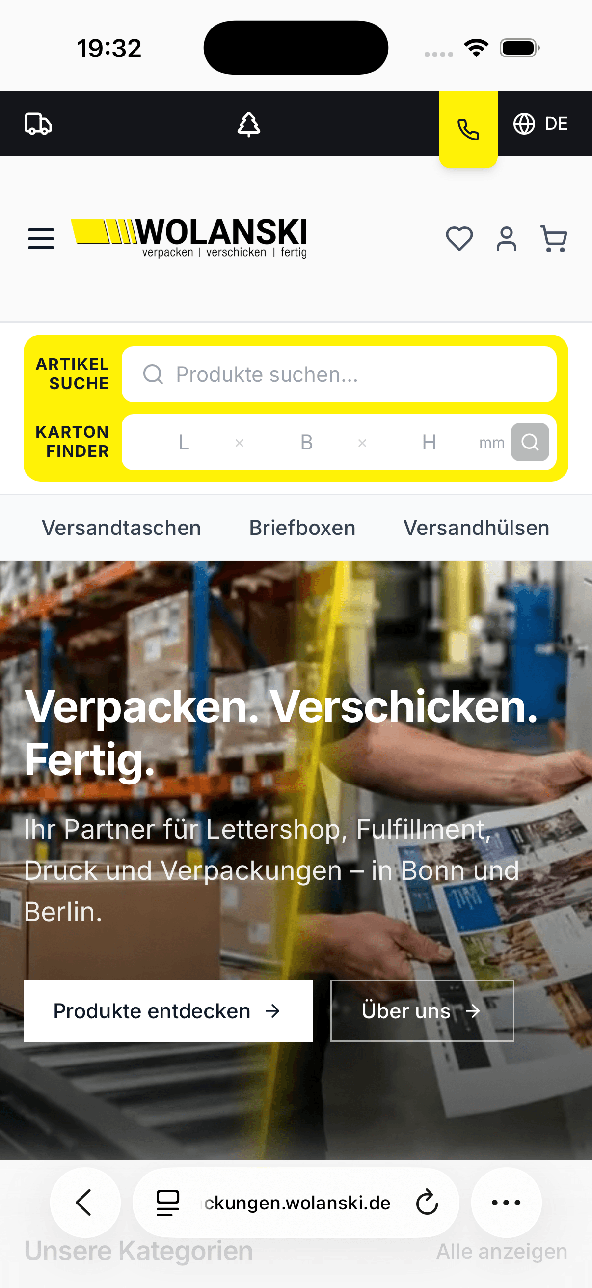 Startseite des Wolanski-Shops auf dem Telefon