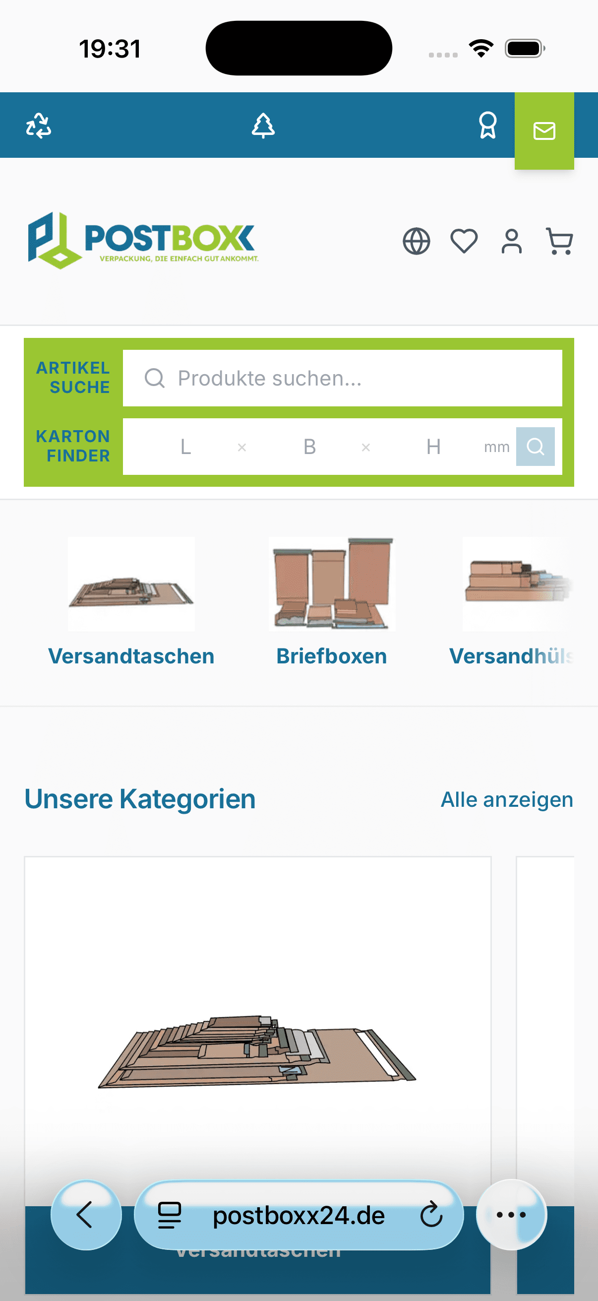 Startseite des POSTBOXX-Shops auf dem Telefon