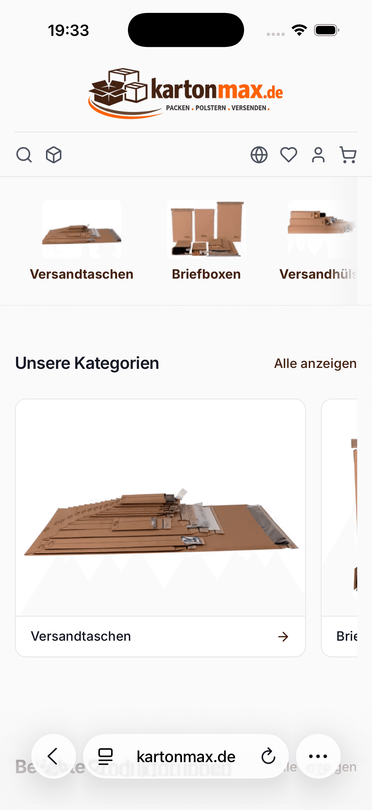 Startseite des kartonmax-Shops auf dem Telefon