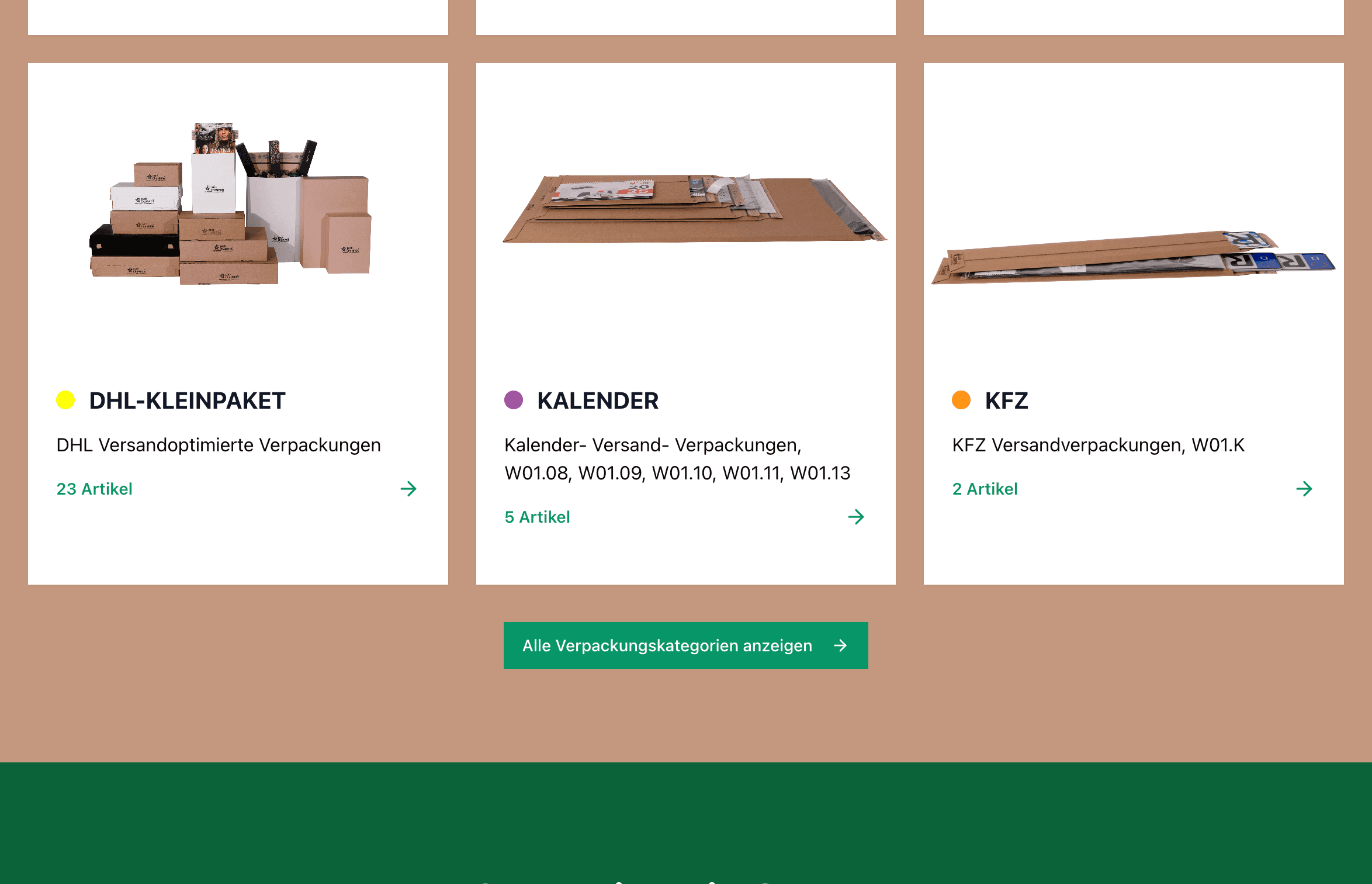 Verpackungskategorien auf der packCHAMPION-Website: DHL-Kleinpaket, Kalender und KFZ mit Artikelzahlen, ohne Preise