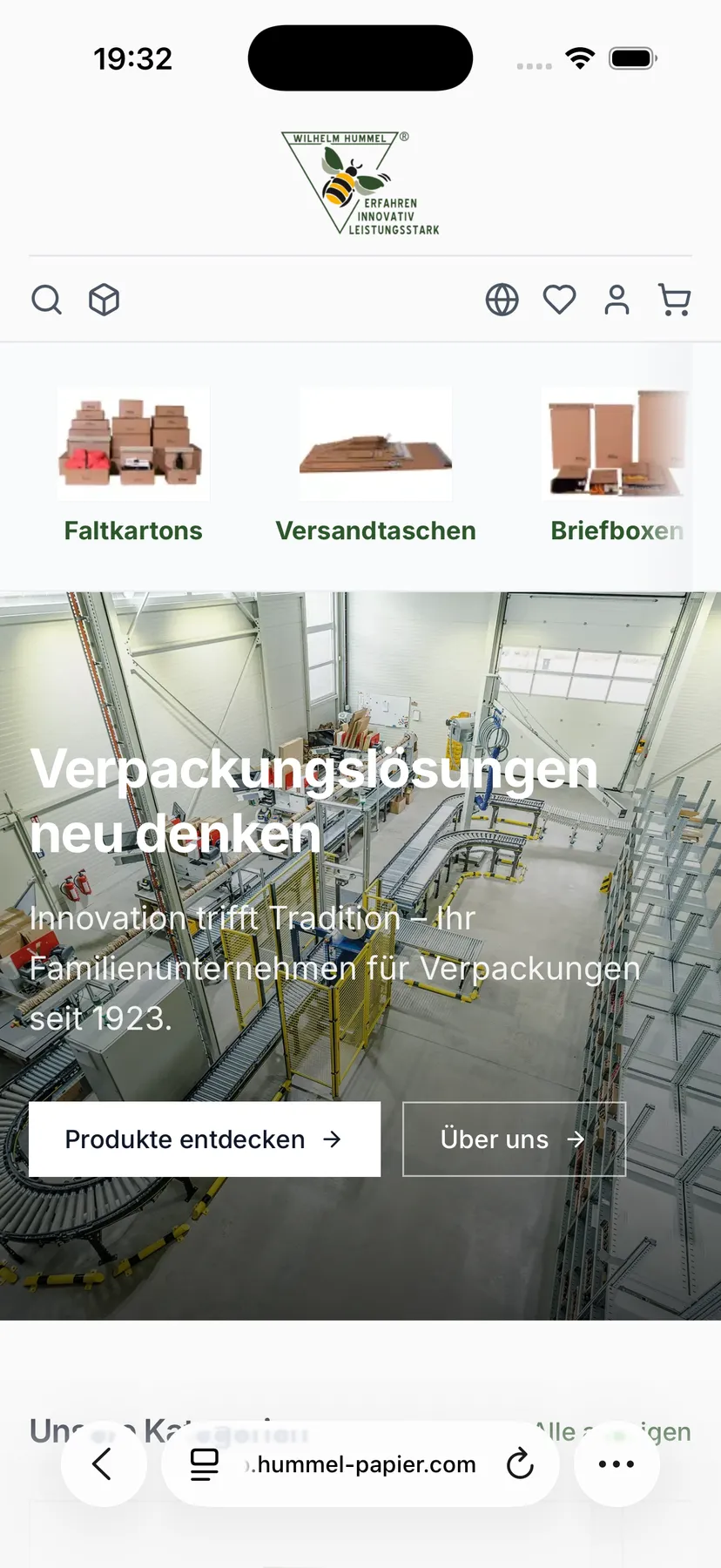 Startseite des Hummel-Shops auf dem Telefon