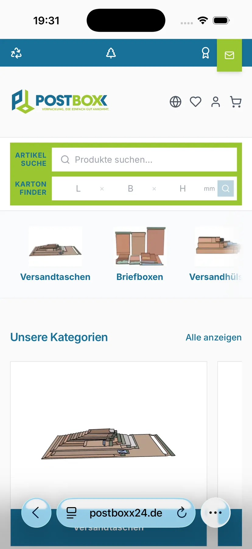 Startseite des POSTBOXX-Shops auf dem Telefon