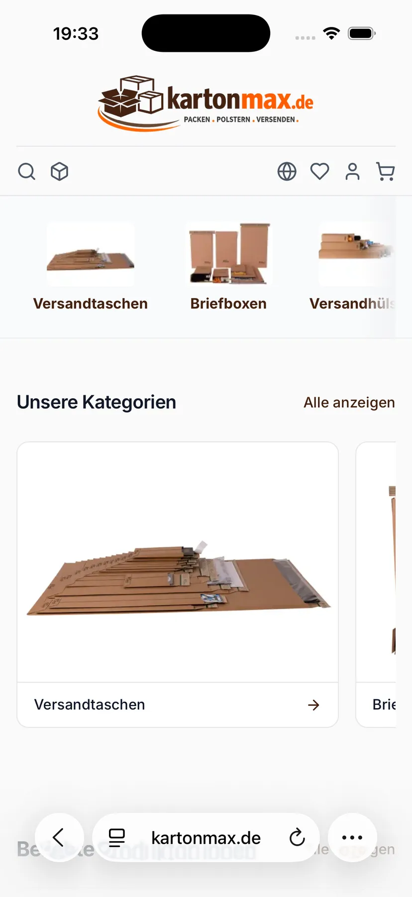 Startseite des kartonmax-Shops auf dem Telefon